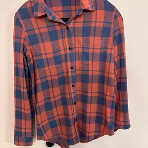 Quince Stretch Sweater Shirt Fleece, pink and blue check, small